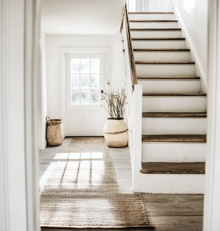 A wooden staircase with a modern stairs and railings feel.